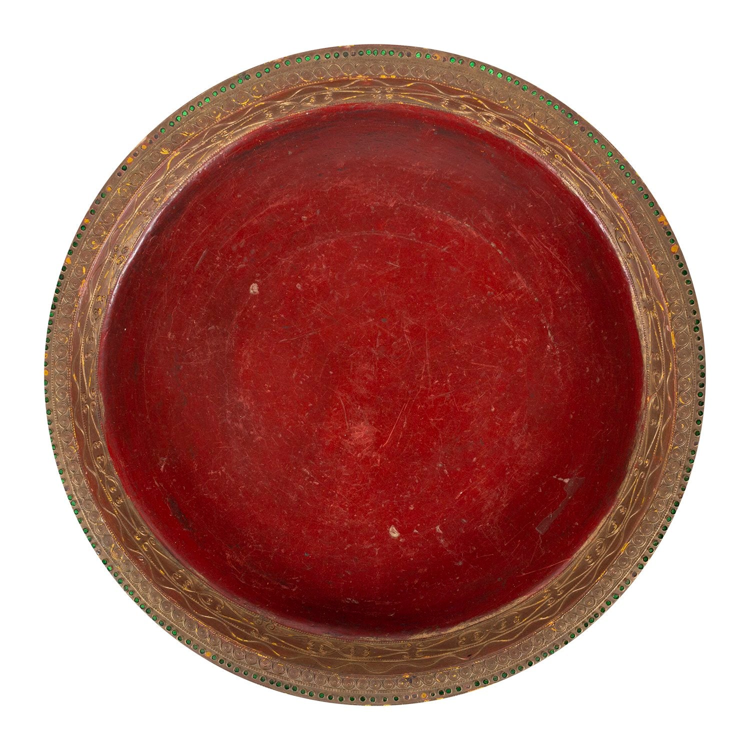 Red pedestal shaped offering basket with gold trim, top view