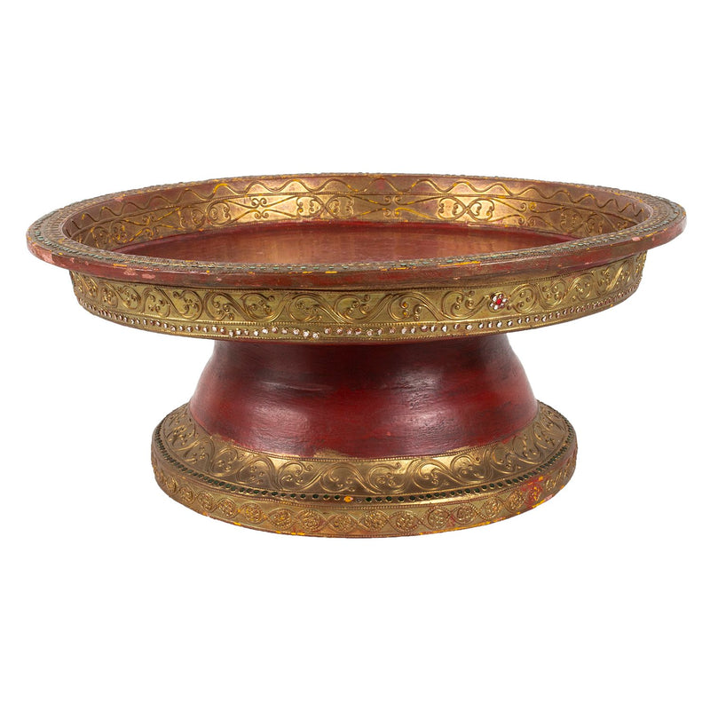 Red pedestal shaped offering basket with gold trim