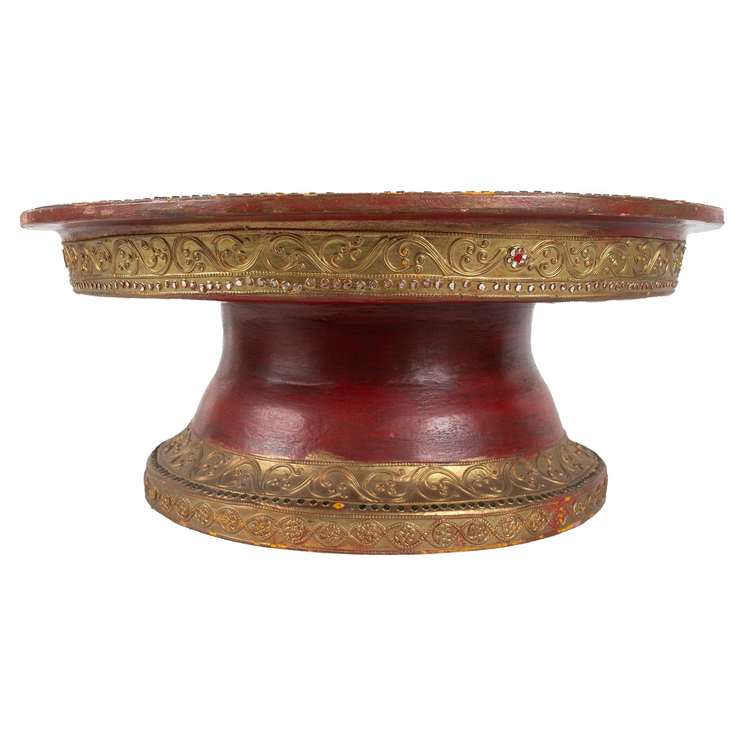 Red pedestal shaped offering basket with gold trim, side view