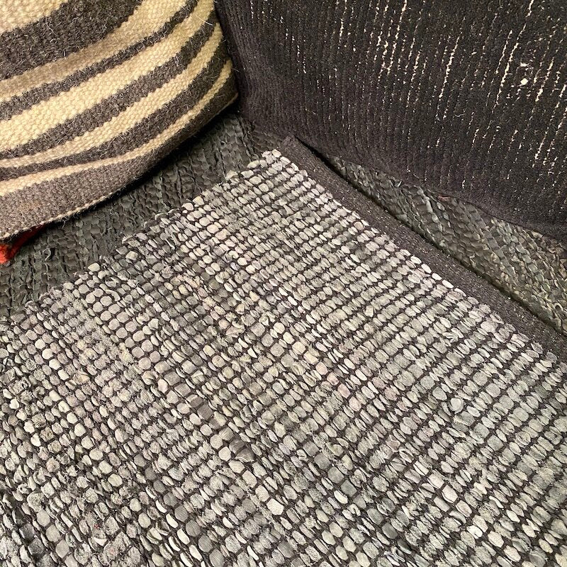 Handwoven cotton and leather rug, close up